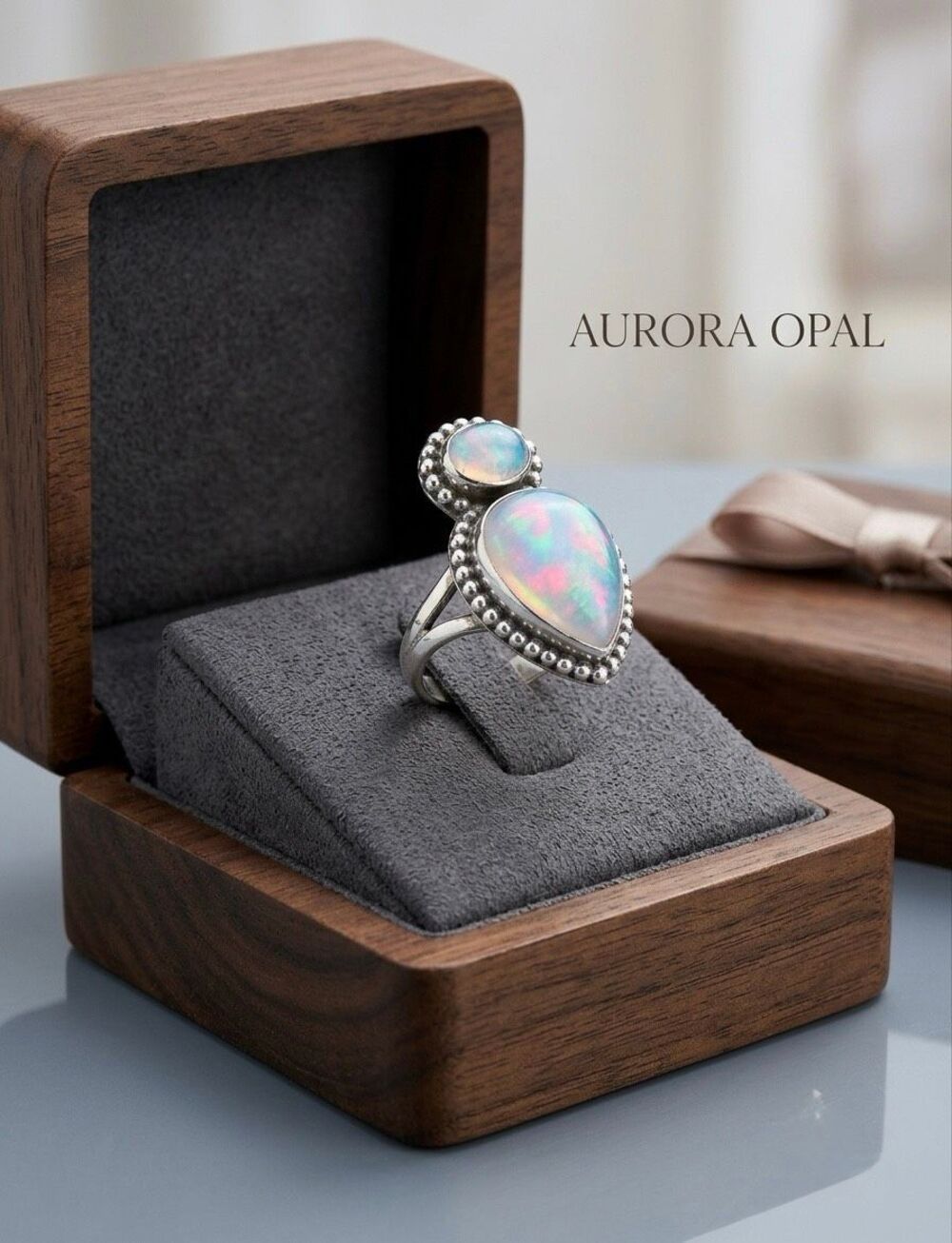 Aurora Opal Sterling Silver Statement Ring Double Oval Teardrop Gemstone Ring